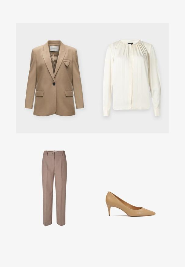 Blazer beige à un bouton, avec revers crantés, poches à rabat et un détail décoratif en tissu plié sur la poche poitrine gauche.; Blouse à manches longues en soie écrue. Dotée d'un col rond, de douces plis aux épaules et de poignets boutonnés. Texture lisse et design minimaliste.; Pantalons beige ajustés avec une coupe droite, dotés d'une fermeture à bouton et d'un devant plissé. Texture lisse et finition soignée.; Escarpin en cuir beige à talon haut avec bout pointu et talon mince de 5 cm ; texture lisse et design minimaliste sans ornements.
