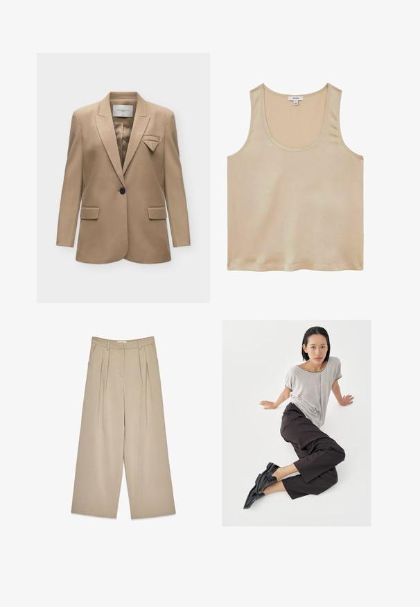 Beige blazer met een enkele knoop, notch-revers, klepzakken en een decoratief gevouwen stofdetail op de linkerborstzak.; Reiss REGULAR FIT - Blouse - neutral; Beige wijde broek met voorplooien, zijzakken, riemlussen en een verborgen sluiting aan de voorkant.; Lichtgrijze top met korte mouwen, donkere wijde broekspijpen en zwarte loafers. Soepele stof, ontspannen pasvorm en contrasterende bies op het shirt.