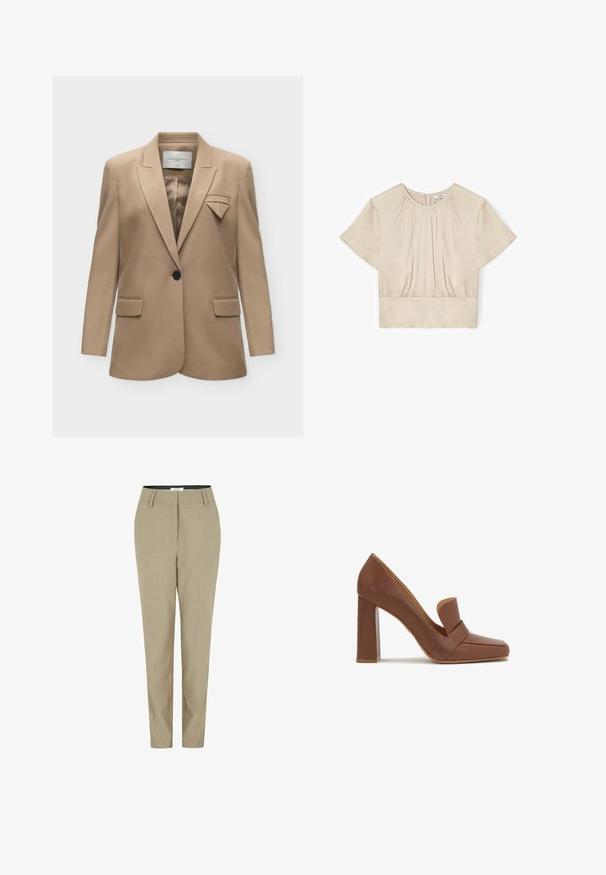 Blazer beige de un solo botón con solapas con muesca, bolsillos con solapa y un detalle decorativo de tela doblada en el área del bolsillo izquierdo del pecho.; Blusa beige de manga corta con escote redondo, detalle de tela fruncida en el frente y dobladillo en la cintura.; Pantalones beige ajustados con pernera recta, delantero plano, dos bolsillos frontales y trabillas para cinturón. Confeccionados en una tela suave y ligera.; Zapato de tacón alto de cuero marrón con punta cuadrada y una correa ancha en la parte frontal. El tacón es de forma rectangular y sólido.