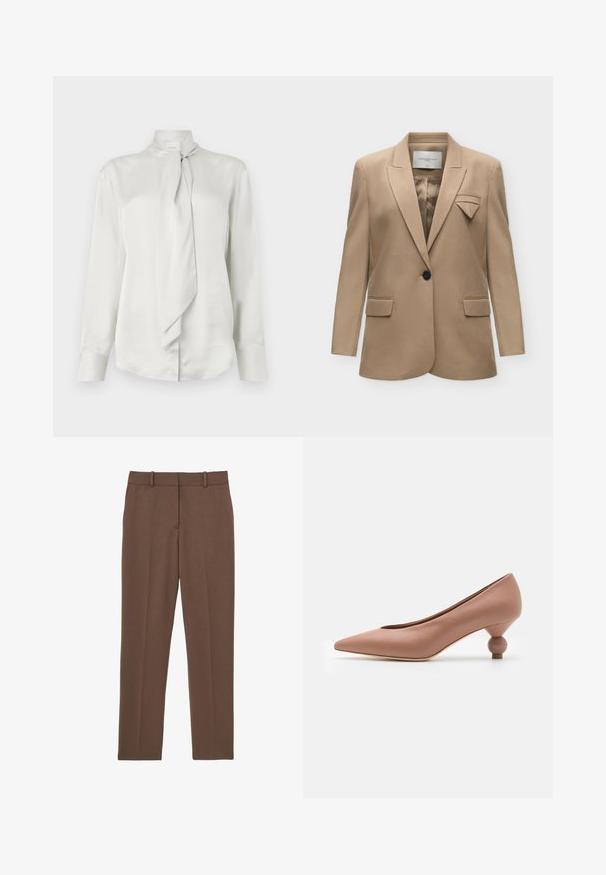 Blazer beige de un solo botón con solapas con muesca, bolsillos con solapa y un detalle decorativo de tela doblada en el área del bolsillo izquierdo del pecho.; Blusa blanca de manga larga con cuello alto y detalle de bufanda atada en la parte delantera, hecha de una suave tela similar al satén.; Pantalones marrones de corte recto a medida con trabillas para cinturón y una raya en el centro de cada pierna, mostrados planos sobre un fondo blanco.; Weekend Max Mara RENZA - Tacones - nudo