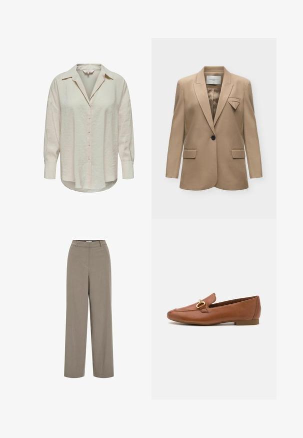 Beiger Ein-Knopf-Blazer mit Kerbkragen, Pattentaschen und einem dekorativen gefalteten Stoffdetail an der linken Brusttasche.; Helles beiges Hemd mit Knöpfen, Kragen, langen Ärmeln und einem leicht strukturierten Stoff. Verfügt über einen abgerundeten Saum und Vorderknöpfe.; Hose aus leicht braunem Stoff, im weiten Beinschnitt, mit glatter Textur und klassischem Bund mit Gürtelschlaufen.; Braune Lederloafer mit runder Zehenpartie, versehen mit einem dekorativen goldenen Hardware-Akzent. Flacher Absatz und glatte Oberfläche.