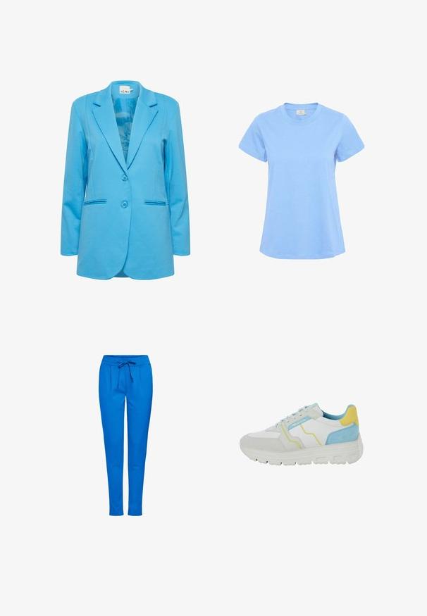 Blazer azul a medida hecho de una tela suave, con solapas muescas, dos botones y bolsillos laterales con un sutil detalle de costura.; Camiseta azul clara de manga corta con cuello redondo, ajuste ceñido y costuras visibles sobre un fondo blanco liso.; Pantalones de chándal azules hechos de tejido suave, con cinturilla elástica y cordón, dos bolsillos frontales y un diseño de pierna ajustada.; Zapatilla blanca con acentos en azul claro y amarillo, hecha de una combinación de materiales suaves y ante. Presenta una suela de goma gruesa y un diseño de cordones.