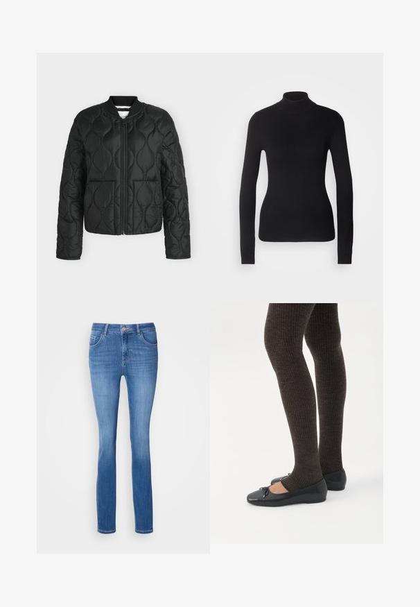 Schwarze, gesteppte Jacke mit Frontreißverschluss, geripptem Kragen, langen Ärmeln und zwei Fronttaschen. Mit wellenförmigem Steppmuster im Stoff.; Schwarzer Rollkragenpullover aus leichtem Strickgewebe. Mit langen Ärmeln, taillierter Passform und weichem Ripptextil.; Blaue Jeans mit schlankem Schnitt, fünf Taschen und einem dezenten, verwaschenen Muster. Hergestellt aus weichem, dehnbaren Stoff, mit einem klassischen Knopfverschluss.; Beine in dunklen, gerippten Leggings kombiniert mit schwarzen Ballerinas mit kleinen Schleifendetails auf weißem Hintergrund.