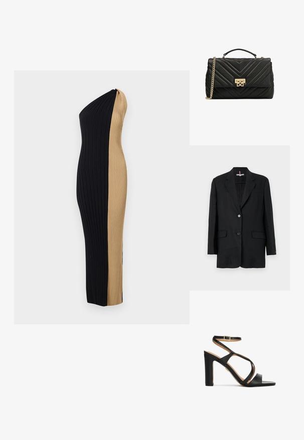 Čierny ľanový blazer s klopovým límcom, uzáverom na dve gombíky, prednými vreckami a jedným vreckom na hrudi. Minimalistický dizajn a štruktúrovaný silueta.; Šaty s odhalenými ramenami a priliehavým strihom. Vyznačujú sa kontrastnou čierno-sfarbenou farebnou kombináciou a vertikálnou textúrou po celom obvode.; Čierna sandála na vysokom podpätku s remienkom okolo členku, krížnymi remienkami cez chodidlo, otvorenou špičkou a blokovým podpätkom na bielom pozadí.; Čierna kožená kabelka s chevron quilted vzorom, zlatými doplnkami, hornou rukoväťou a odnímateľným reťazovým popruhom.