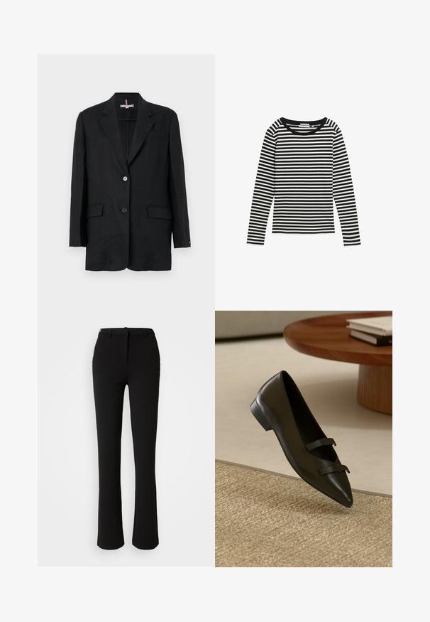 Čierny ľanový blazer s klopovým límcom, uzáverom na dve gombíky, prednými vreckami a jedným vreckom na hrudi. Minimalistický dizajn a štruktúrovaný silueta.; Čierno-biely pruhovaný dlhý rukáv s okrúhlym výstrihom a jemnou textúrou. Obsahuje rovnako vzdialené horizontálne pruhy po celom povrchu.; Čierne nohavice vyrobené z hladkej tkaniny, s rovnými nohavicami, prednými vreckami a štandardným pásom s pútkom na opasok.; Čierna kožená balerína s špicatou špičkou a dvoma úzkymi remienkami cez prednú časť, položená na textúrovanom tkanom povrchu.