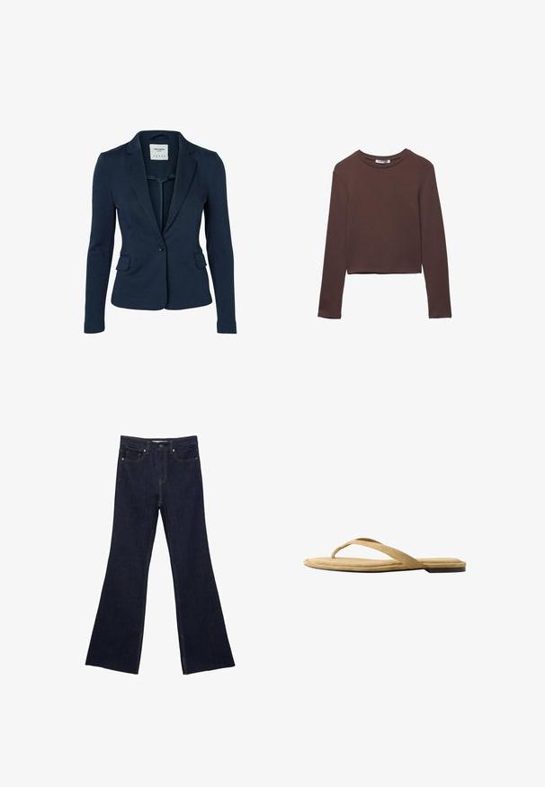 Marineblauer Blazer aus Stretchstoff, mit einem Ein-Knopf-Verschluss, zwei Fronttaschen und einem Reverskragen-Design.; Braunes, langärmliges Cropped-Shirt aus einem weichen, glatten Stoff mit Rundhalsausschnitt und ohne sichtbare Muster oder Beschläge.; Dunkelblaue Jeans mit ausgestelltem Bein, ausgestattet mit einem klassischen Fünf-Taschen-Design und sichtbaren Nähten. Der Stoff hat eine glatte Textur mit minimalen Verblassungen.; Beige Wildleder-Zehensandale mit flacher Sohle und schmalem Riemen, Seitenansicht auf weißem Hintergrund.