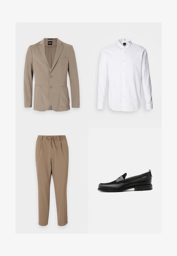 Beige op maat gemaakte blazer van zacht stof. Heeft een enkelvoudige knopen en twee knopen, met puntige revers en twee voorzakken.; Witte lange mouwen shirt met een bandkraag, knoopsluiting aan de voorkant en afgeronde zoom. Gemaakt van katoen, met een gladde textuur en subtiele glans.; Beige tapsbroek met een trekkoord in de taille, zijzakken en een gladde textuur. Geen zichtbare patronen of extra accenten.; Zwarte leren loafer met grijs riemdetailelement, lage hak en gestructureerde zool, aan de zijkant gebrandmerkt met "HUGO" in goud.