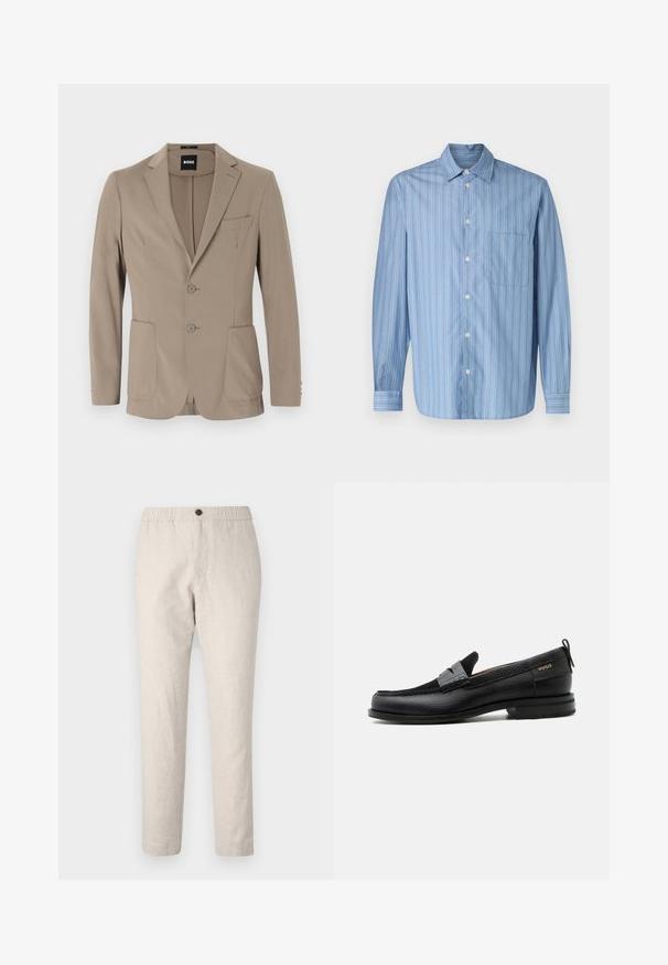 Beige taillierter Blazer aus weichem Stoff. Verfügt über ein einreihiges Design mit zwei Knöpfen, Reverskragen und zwei frontalen Taschen.; Helles blaues Hemd mit aufrechten Streifen in unterschiedlichen Breiten, ausgestattet mit einem spitzen Kragen, langen Ärmeln und einer einzelnen Brusttasche.; Beige Freizeithose mit elastischem Bund, Knopfverschluss und geraden Beinen, aus leichtem, strukturiertem Stoff gefertigt.; Schwarzer Lederloafer mit grauem Riemendetail, niedrigem Absatz und strukturierter Sohle, seitlich mit „HUGO“ in Gold gebrandmarkt.