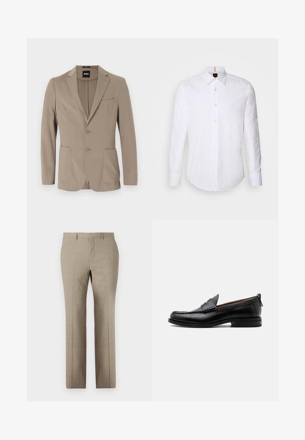 Blazer ajusté beige en tissu doux. Doté d'un design à un bouton avec deux boutons, revers crantés et deux poches avant.; Chemise blanche à manches longues et à boutons en coton, avec un col classique, un logo discret près de la poitrine et des boutons blancs.; Pantalons beige sur mesure avec une texture lisse, design à jambe droite, motif à carreaux subtil et devant plat. Deux poches arrière incluses.; Mocassin homme en cuir noir avec couture moc toe, bride penny, col texturé et petit talon empilé sur fond blanc.