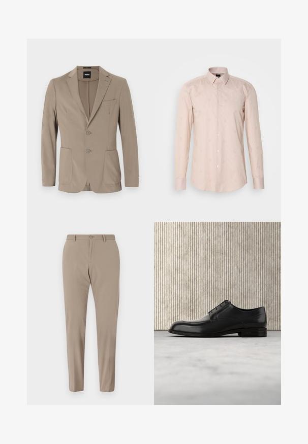 Beige taillierter Blazer aus weichem Stoff. Verfügt über ein einreihiges Design mit zwei Knöpfen, Reverskragen und zwei frontalen Taschen.; Helles rosa Langarmhemd mit einem Button-Down-Kragen, subtilen Streifenmustern und gestickten runden Motiven.; Beige maßgeschneiderte Hose mit glatter Textur, slim Fit und vorderen Knopfverschluss. Keine sichtbaren Muster oder Verzierungen.; Schwarze Leder-Dressschuhe mit einer runden Zehenpartie, glatter Oberfläche, minimalen Nähten und flacher Sohle mit dezentem Branding an der Ferse.