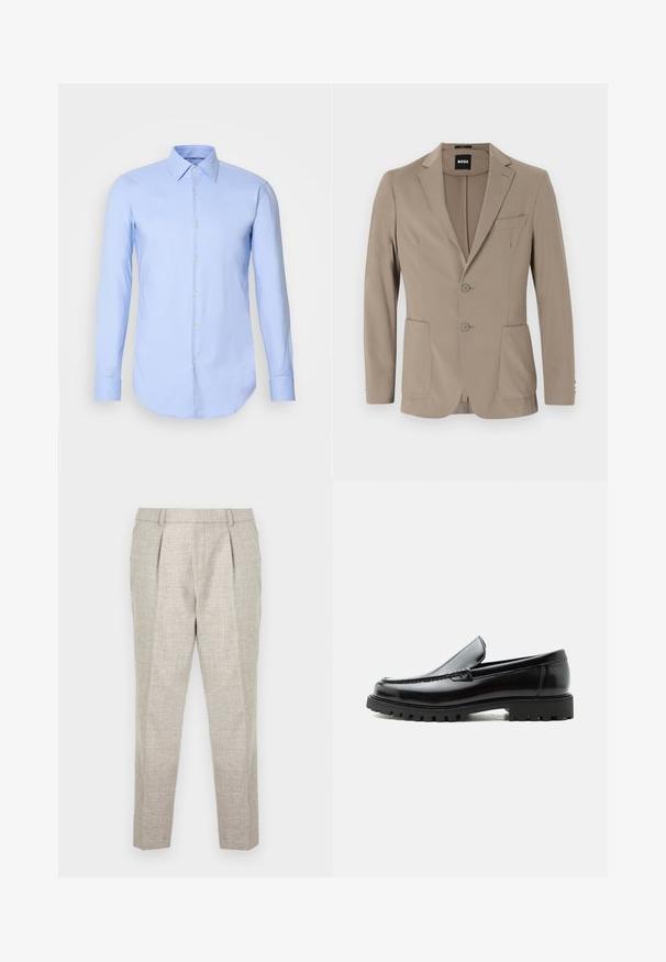 Beige op maat gemaakte blazer van zacht stof. Heeft een enkelvoudige knopen en twee knopen, met puntige revers en twee voorzakken.; Lichtblauw shirt met lange mouwen van katoen, met een knoopsluiting aan de voorkant, kraag en afgeronde zoom. Gladde textuur zonder patronen.; Lichtgrijze, op maat gemaakte broeken van een gestructureerde stof, met een vlakke voorkant, twee voorplooien en slanke taps toelopende benen die net boven de enkels eindigen.; Zwarte leren loafer met dikke rubberen zool, gestikte bovenkant en gegraveerde merknaam op de hiel, zijaanzicht op witte achtergrond.