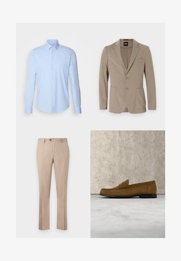 Beige taillierter Blazer aus weichem Stoff. Verfügt über ein einreihiges Design mit zwei Knöpfen, Reverskragen und zwei frontalen Taschen.; Hellblaues Button-up-Hemd aus Baumwolle, mit klassischem Kragen, langen Ärmeln und kleinem Logo auf der Brust. Glatte Textur.; Beige Hose aus leichtem Stoff, mit geradem Schnitt, Ein-Knopf-Verschluss und zwei Fronttaschen.; Brauner Wildleder-Loafer mit schwarzer Sohle, schwebend über einem hellbeigen Teppich, neben einer runden, glänzenden braunen Tischbasis.