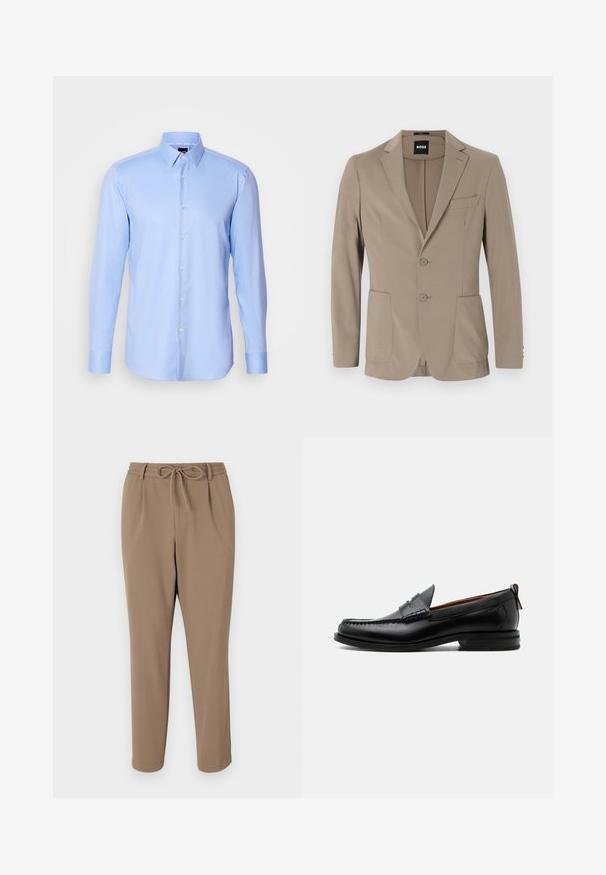 Blazer ajusté beige en tissu doux. Doté d'un design à un bouton avec deux boutons, revers crantés et deux poches avant.; Chemise à manches longues bleu clair, boutonnée, en tissu texturé avec un col pointu et une fermeture classique à boutons à l'avant.; Pantalons beiges fuselés avec une taille à cordon de serrage, des poches latérales et une texture lisse. Aucun motif visible ni accent supplémentaire.; Mocassin homme en cuir noir avec couture moc toe, bride penny, col texturé et petit talon empilé sur fond blanc.