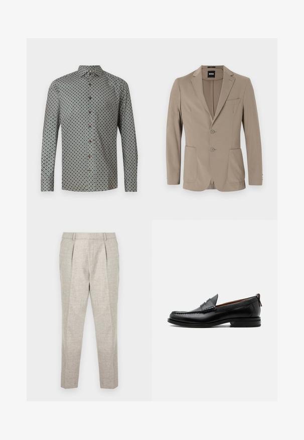 Blazer ajusté beige en tissu doux. Doté d'un design à un bouton avec deux boutons, revers crantés et deux poches avant.; Chemise à manches longues en tissu vert ornée d'un motif floral répété. Le col est boutonné, avec des boutons bruns sur le devant.; Pantalons ajustés gris clair en tissu texturé, avec une taille plate, deux plis à l'avant et des jambes effilées, se terminant juste au-dessus des chevilles.; Mocassin homme en cuir noir avec couture moc toe, bride penny, col texturé et petit talon empilé sur fond blanc.