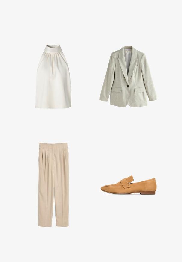 Blazer de lino beige claro con un solo botón, solapas con muesca y bolsillos frontales con solapa, presentado sobre un fondo blanco.; Top sin mangas con cuello halter en suave tela color crema, con pliegues en la parte delantera, un cuello alto y un dobladillo recto.; Pantalones de tela ligera, plisados y en color beige. Presentan un corte recto, cinturilla con detalle de costura y sin bolsillos visibles.; Mocasines de ante color arena con tacón plano, punta redondeada y una tira cosida en el empeine para un acabado refinado.