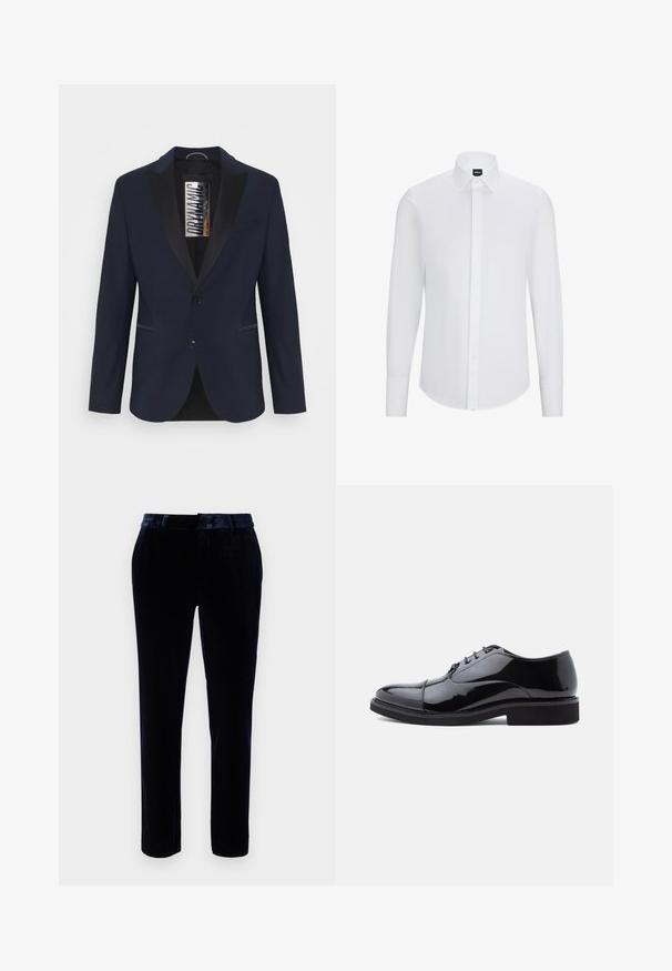 Blazer bleu marine avec un revers en satin noir, deux boutons et poches avant. Le tissu est lisse, avec une coupe ajustée et un minimalisme dans les détails.; Chemise blanc à manches longues avec col pointu, en tissu lisse, comportant une patte de boutonnage à l'avant et un ourlet arrondi.; Pantalons en velours bleu foncé avec une taille plate, des passants de ceinture et une coupe ajustée. Texture lisse et légère brillance améliorent l'apparence.; Chaussure habillée en cuir verni noir avec bout arrondi, design à lacets et semelle en caoutchouc noir basse. Présente une finition lisse et brillante.