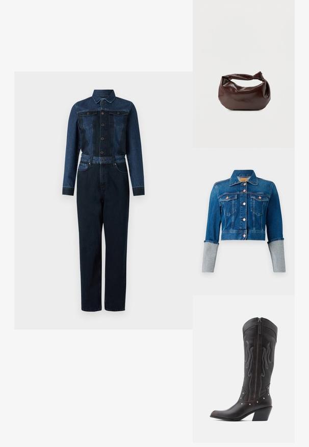 Afskåret mørkeblå denimjakke med kobberknapper, to brystlommer, krave og lysegrå oprettede ærmekanter.; Denim jumpsuit med en mørkeblå farve, lange ærmer, knaplukning foran, krave og bælte i taljen med to brystlommer.; Brune læder cowboystøvler med flammebroderi, sidelukning med lynlås, sølvnitter, spids snude og lagdelt hæl.; Mørkebrun læder skuldertaske med en blød, afslappet form og et snoet knudehåndtag på en ensartet hvid baggrund.