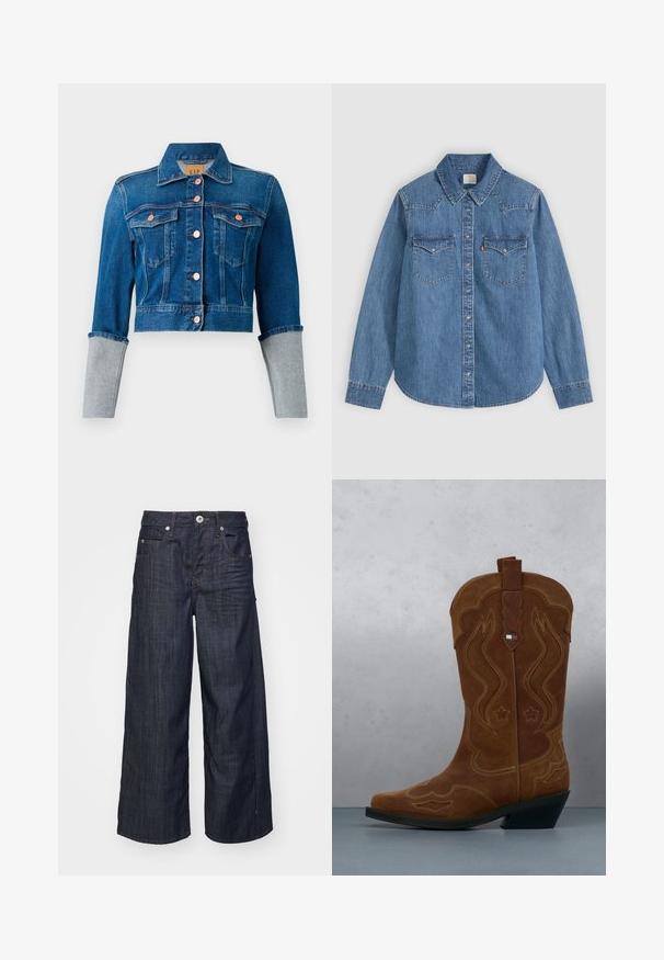 Afskåret mørkeblå denimjakke med kobberknapper, to brystlommer, krave og lysegrå oprettede ærmekanter.; Langærmet blå denim skjorte med knapper, spids krave og to brystlommer med klap på en lys baggrund.; Mørkeblå vide jeans i denim med frontlukning med knap og lynlås, bæltestropper og fem lomme-design på en hvid baggrund.; Brun ruskind cowboystøvle med dekorativ syning og et flagemblem på skaftet, stående på et trægulv udendørs.