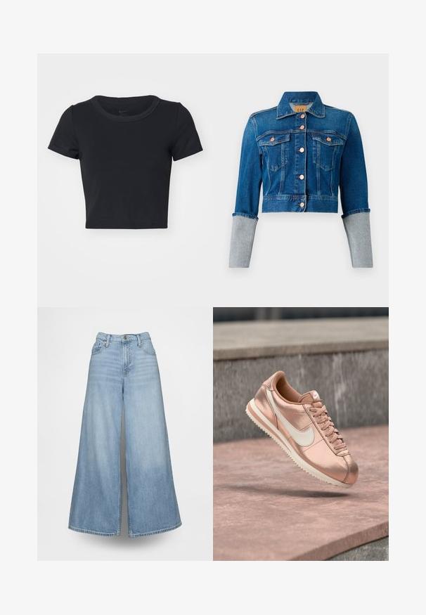 Afskåret mørkeblå denimjakke med kobberknapper, to brystlommer, krave og lysegrå oprettede ærmekanter.; Sort cropped T-shirt lavet af blødt, elastisk stof. Har en rund halsudskæring og korte ærmer med et enkelt design.; Lyseblå vidde jeans lavet af denim med høj talje, forlommer og knaplukning. Stoffet har en falmet vask.; Nike-sneaker i rosaguld med hvid swoosh og sål, snørebånd bundet, hængende over en lyserød betonoverflade med en grå stenet baggrund.