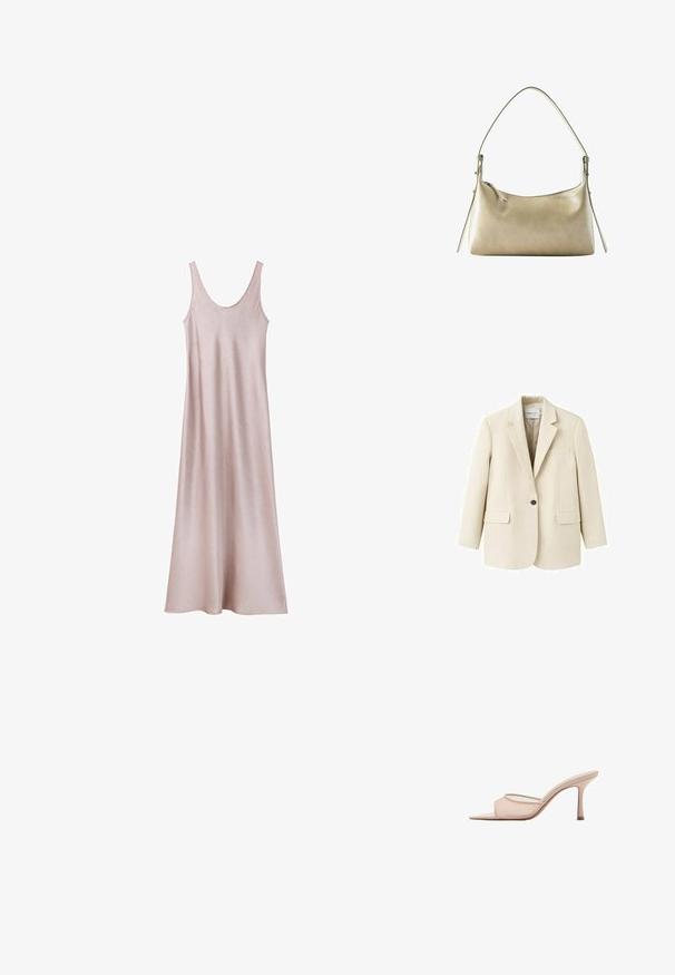 Veston beige à un bouton avec revers crantés, deux poches à rabat à l'avant et une poche poitrine passepoilée, présenté sur un fond blanc.; Robe longue sans manches rose clair avec un col arrondi et une silhouette fluide sur fond blanc.; Mule beige à talon aiguille avec bout ouvert, talon haut et fin, et une seule large bride sur le devant, isolée sur fond blanc.; Sac à bandoulière en cuir beige avec une fermeture éclair incurvée sur le dessus, une seule bandoulière et des détails de coutures verticales sur les deux côtés.