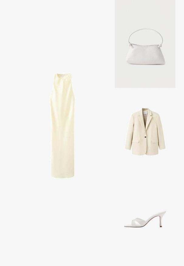 Veston beige à un bouton avec revers crantés, deux poches à rabat à l'avant et une poche poitrine passepoilée, présenté sur un fond blanc.; Robe longue crème sans manches avec un col haut, une coupe droite et une texture de tissu lisse.; Mule blanche à bout ouvert avec des brides croisées et un talon stiletto fin de hauteur moyenne, montrée de profil sur un fond blanc.; Sac à main en cuir tressé blanc avec poignée arrondie et extrémités de lanière nouées, présenté sur un fond uni.
