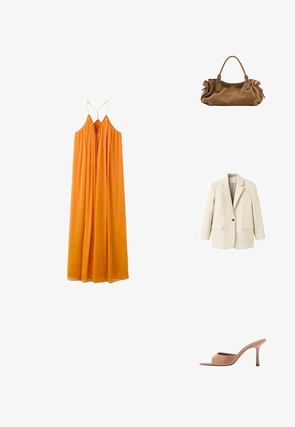 Veston beige à un bouton avec revers crantés, deux poches à rabat à l'avant et une poche poitrine passepoilée, présenté sur un fond blanc.; Robe maxi orange sans manches avec fines bretelles spaghetti et un profond décolleté en V, dotée d'une coupe ample et fluide.; Mules à talons hauts en cuir verni couleur nude, avec une tige lisse et incurvée et un bout ouvert. Caractéristiques : talon aiguille et design minimaliste.; Sac à main en daim marron doux avec une poignée supérieure unique et des détails latéraux froncés maintenus par des sangles en cuir et des anneaux métalliques.