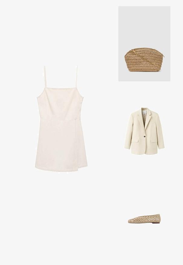 Beige blazer met één knoop, inkepingrevers, twee klepzakken aan de voorkant en één borstzakje, getoond op een witte achtergrond.; Lichtbeige mouwloze top met dunne bandjes, met een eenvoudig recht ontwerp en een gladde, licht glanzende textuur. Geen patronen of accenten.; Beige platte schoen met geweven open gebreid ontwerp en een lage hak, zijaanzicht op een witte achtergrond.; Geweven clutch van stro met een afgeronde vorm. Voorzien van een gouden kettingbandje en ritssluiting, met een natuurlijke beige kleur en een gestructureerd oppervlak.