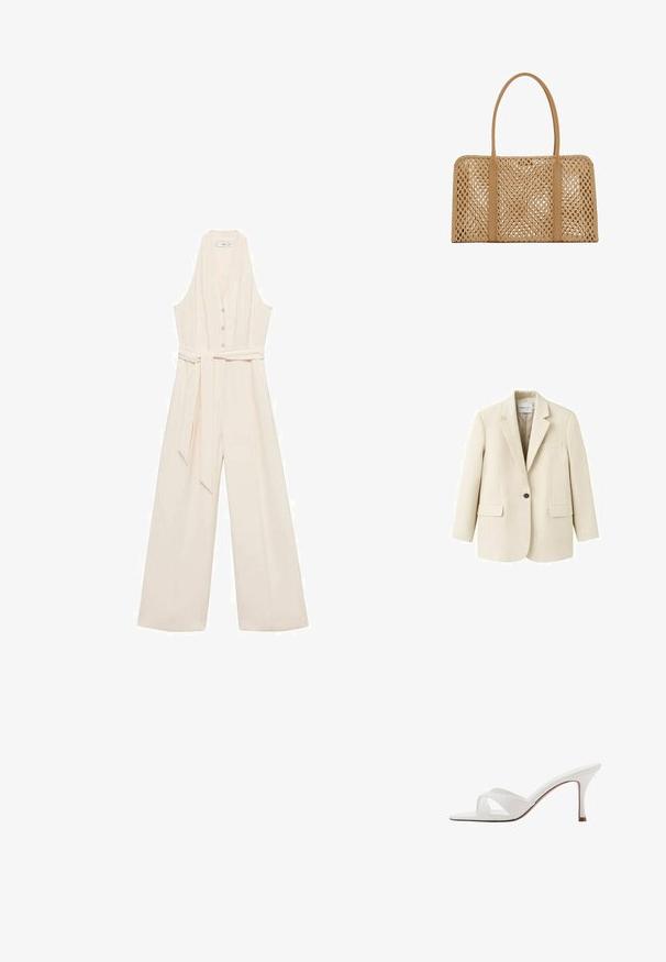 Beige enkeltknappet blazer med hakkeslag, to forlommer med klap, og en brystlomme med kant, vist på en hvid baggrund.; Cremefarvet jumpsuit med dyb V-udskæring, knaplukning foran, brede ben og et matchende taljebælte for en skræddersyet silhuet.; Hvid mule med åben tå, krydsede remme og en slank mellemhøj stiletthæl, vist i profil på en hvid baggrund.; Rektangulær lys brun vævet håndtaske med to lange glatte håndtag og et åbent gittermønster over hele taskens krop.