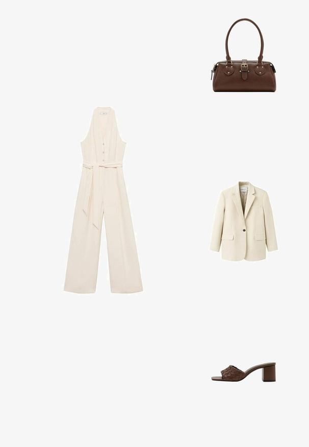 Beige enkeltknappet blazer med hakkeslag, to forlommer med klap, og en brystlomme med kant, vist på en hvid baggrund.; Cremefarvet jumpsuit med dyb V-udskæring, knaplukning foran, brede ben og et matchende taljebælte for en skræddersyet silhuet.; Brun mule-sandal med vævet læderoverdel, åben tå og blokhæl på hvid baggrund.; Brun læderhåndtaske med to håndtag, en central spænde-strop og guldfarvede beslag, vist mod en hvid baggrund.