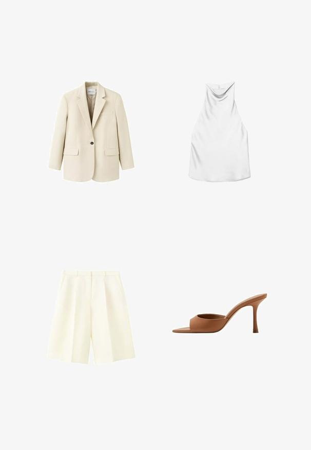 Veston beige à un bouton avec revers crantés, deux poches à rabat à l'avant et une poche poitrine passepoilée, présenté sur un fond blanc.; Robe nuisette blanche en satin sans manches avec encolure drapée et deux petits boutons au niveau du col arrière, posée à plat sur un fond blanc.; Shorts cintrés couleur crème taille haute avec passants de ceinture, plis devant et poches latérales, présentés sur fond blanc.; Mule ouverte en cuir marron avec un talon haut fin et une large bride à l'avant, vue de profil sur fond blanc.