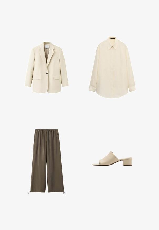 Veston beige à un bouton avec revers crantés, deux poches à rabat à l'avant et une poche poitrine passepoilée, présenté sur un fond blanc.; Chemise boutonnée à manches longues de couleur crème avec col pointu et patte de boutonnage cachée, posée à plat sur un fond blanc.; Pantalon vert olive ample avec taille élastique et cordons au bas, présenté à plat sur fond blanc.; Sandale mule beige à bout ouvert avec un petit talon bloc et une tige en cuir lisse, vue de profil sur fond blanc.