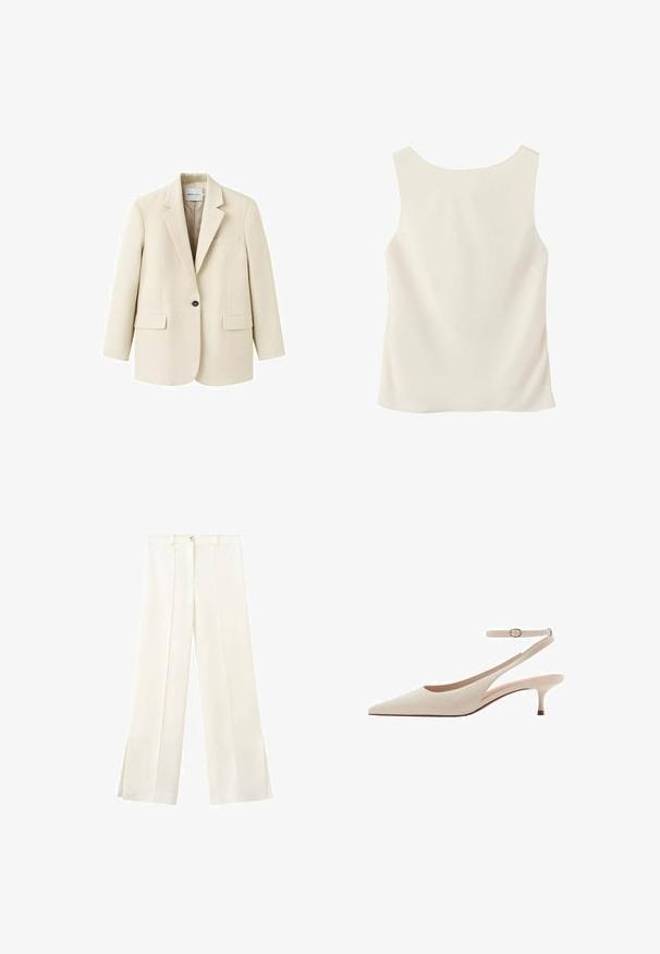 Beige enkeltknappet blazer med hakkeslag, to forlommer med klap, og en brystlomme med kant, vist på en hvid baggrund.; Ærmeløs off-white top med rund halsudskæring, vist fladt med bagsiden uden mønstre eller dekorationer.; Hvide vidde bukser med høj talje, frontknap, bæltestropper og sidesømme, der går ned til små slids ved kanten.; Spids-tået beige slingback pump med en slank hæl og justerbar ankelrem. Glat tekstur med minimalistisk design og ingen synlige mønstre.