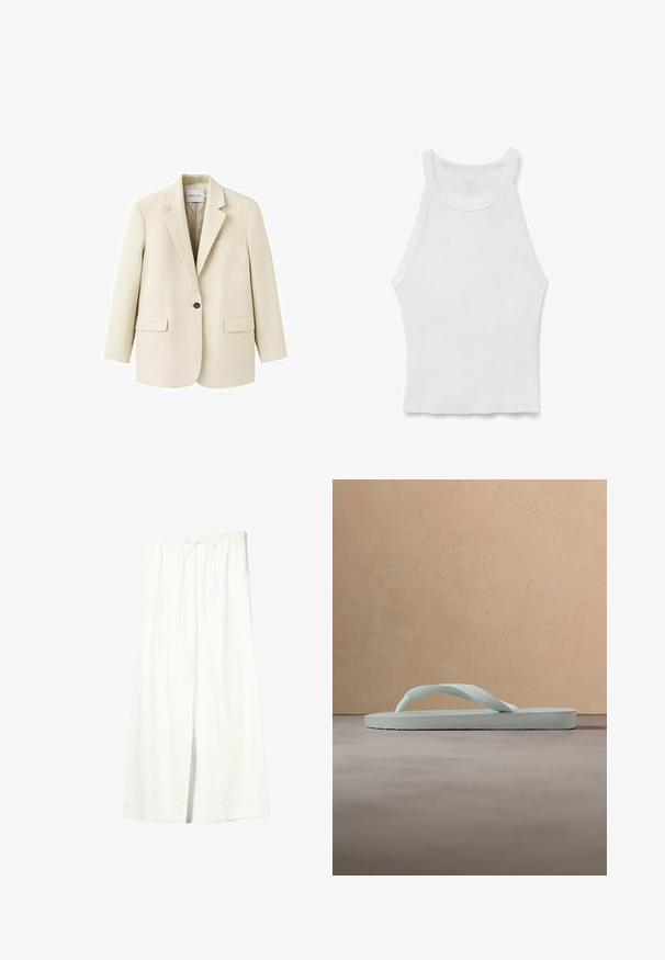 Veston beige à un bouton avec revers crantés, deux poches à rabat à l'avant et une poche poitrine passepoilée, présenté sur un fond blanc.; Débardeur blanc sans manches en côte avec un col montant et une silhouette ajustée, posé à plat sur un fond blanc.; Pantalon en lin blanc à jambes larges avec taille élastique et cordon de serrage, doté de poches latérales et d'une fente à l'avant.; Tongue en caoutchouc beige clair unique avec semelle texturée et bride en forme de Y sur un fond gris uni.