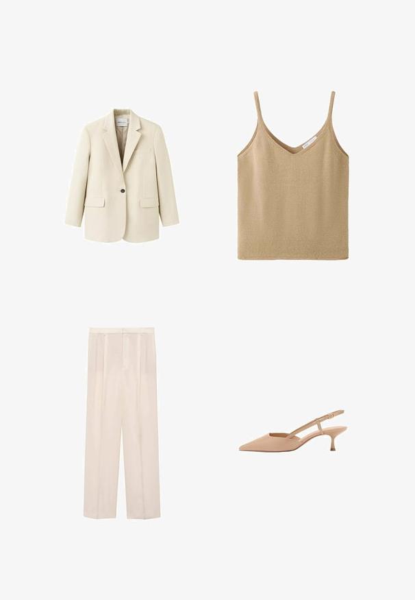 Beiger Ein-Knopf-Blazer mit Stegkragen, zwei vorderen Pattentaschen und einer Brustleistentasche, dargestellt auf weißem Hintergrund.; Beige gestricktes ärmelloses Tanktop mit dünnen Trägern und V-Ausschnitt, mit einem kleinen weißen Markenetikett im Nacken.; Beige weite Hosen mit Falten und glatter Textur. Mit einem taillierten Bund und zwei Seitentaschen.; Spitze nude Slingback-Absätze mit niedrigem Kitty-Freilauf, aus glänzendem Material, mit einem schlanken Riemen und verstellbarer Schnalle.