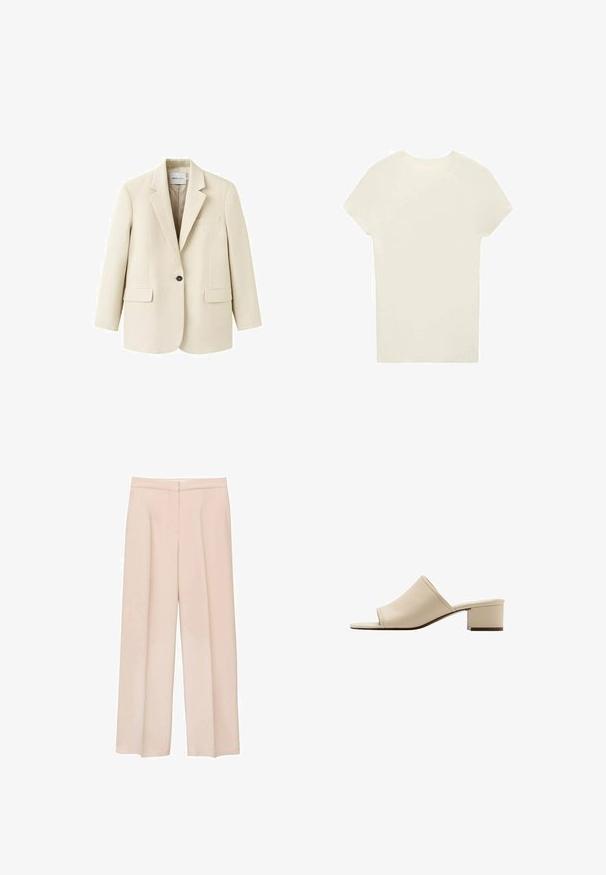Beige blazer met één knoop, inkepingrevers, twee klepzakken aan de voorkant en één borstzakje, getoond op een witte achtergrond.; Lichtbeige T-shirt met korte mouwen, geribbelde textuur op de schouders, zachte stof en een rechte snit. Geen zichtbare logo's of patronen.; Lichtroze wijde broek van soepel materiaal. Heeft een vlakke voorkant, zijzakken en een op maat gemaakte tailleband. Geen zichtbare sluitingen.; Beige open-toe mule sandaal met lage blokhak en glad leren bovenwerk, zijaanzicht op een witte achtergrond.