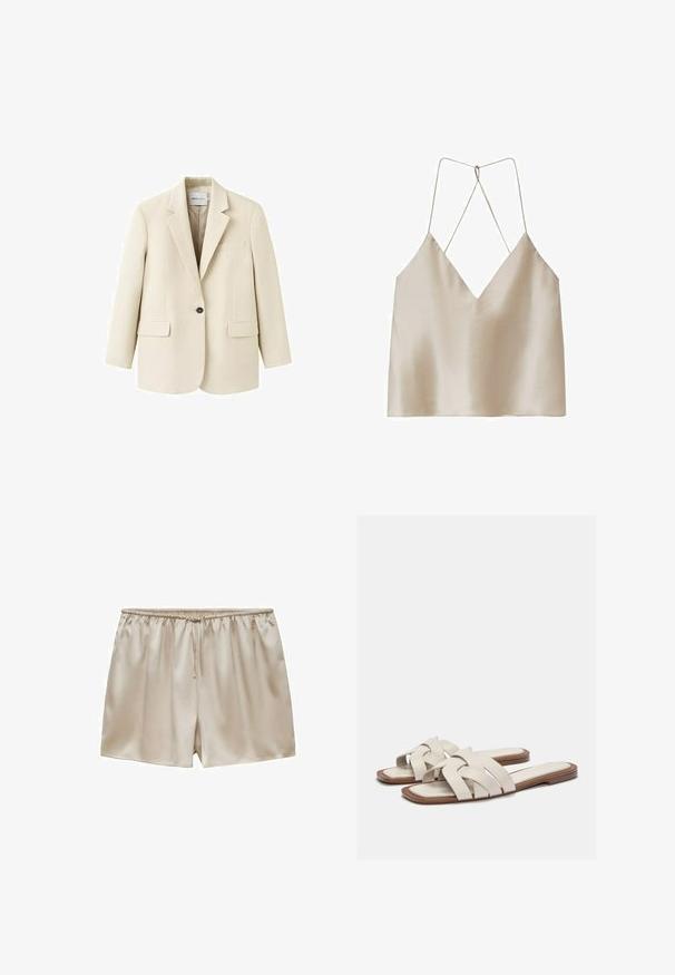 Veston beige à un bouton avec revers crantés, deux poches à rabat à l'avant et une poche poitrine passepoilée, présenté sur un fond blanc.; Camisole en satin beige avec un décolleté en V profond et de fines bretelles spaghetti croisées dans le dos.; Shorts en satin beige avec ceinture élastique et cordon de serrage, texture lisse, coupe décontractée et longueur courte.; Sandales à glissière beige clair avec des brides tissées, présentant une semelle plate et un design minimaliste. Texture lisse avec des accents de contraste de couleur subtils.