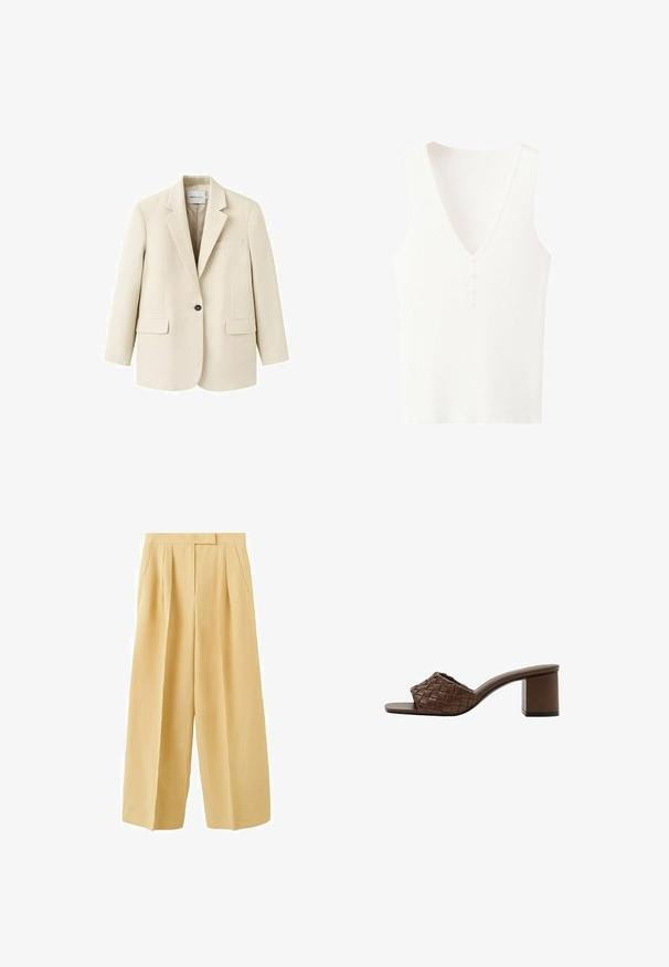 Veston beige à un bouton avec revers crantés, deux poches à rabat à l'avant et une poche poitrine passepoilée, présenté sur un fond blanc.; Haut blanc sans manches en tricot côtelé avec col en V et trois petits boutons au centre devant.; Pantalon beige à jambes larges, taille haute, plis devant, poches latérales et fermeture avant dissimulée.; Sandale mule marron avec tige en cuir tressé, bout ouvert et talon bloc sur fond blanc.