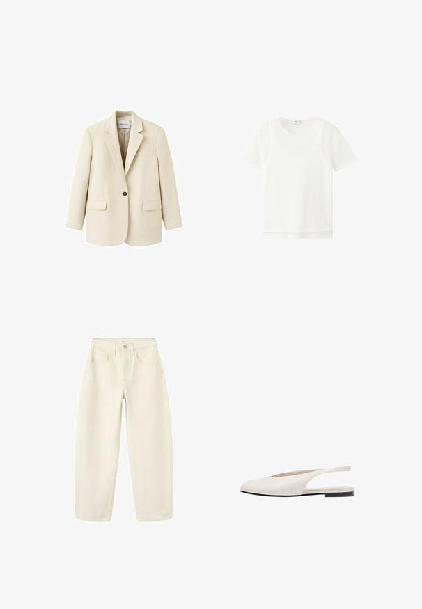 Veston beige à un bouton avec revers crantés, deux poches à rabat à l'avant et une poche poitrine passepoilée, présenté sur un fond blanc.; T-shirt blanc à manches courtes superposé avec un col rond et un tissu légèrement transparent, présenté sur un fond blanc uni.; Jean crème taille haute à jambes larges, avec poches avant, fermeture par bouton et passants pour ceinture.; Chaussure plate slingback couleur crème avec bout pointu et semelle noire, design minimaliste, vue de côté sur fond blanc.