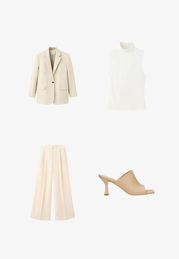 Veston beige à un bouton avec revers crantés, deux poches à rabat à l'avant et une poche poitrine passepoilée, présenté sur un fond blanc.; Haut sans manches blanc à col roulé avec une coupe ajustée et un col montant, présenté sur un fond blanc uni.; Pantalon crème taille haute à jambes larges avec plis devant et fermeture dissimulée par boutons et zip.; Mules beige à bout ouvert avec une tige courbée, en cuir lisse, et un talon bloc de hauteur intermédiaire avec un accent de base contrastant.