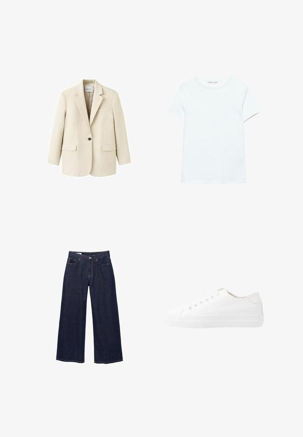 Veston beige à un bouton avec revers crantés, deux poches à rabat à l'avant et une poche poitrine passepoilée, présenté sur un fond blanc.; T-shirt blanc uni en coton à manches courtes, col rond, présenté à plat sur un fond blanc, sans motifs ni logos visibles.; Jean en denim bleu foncé à jambes larges avec poches avant, passants pour ceinture et fermeture à bouton.; Baskets blanches en toile au design bas, bout rond, six œillets et semelle en caoutchouc texturé. Matériau lisse avec des accents minimalistes.