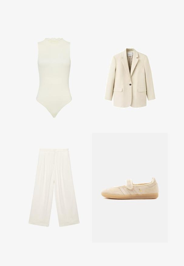 Beige enkeltknappet blazer med hakkeslag, to forlommer med klap, og en brystlomme med kant, vist på en hvid baggrund.; Hvid ærmeløs bodysuit med høj hals, prydet med en flæse, lavet af strækbart ribbet materiale, med en tætsiddende silhuet.; Hvide bukser med vidde ben, plisseret ved taljen og med lukning foran, designet til en løs og behagelig pasform.; Beige ruskind Mary Jane sneaker med velcrolukning, gummisål, tre syede striber og gyldent "SAMBA" branding på siden.