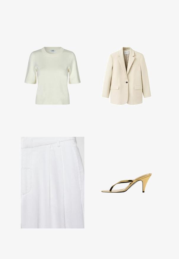 Beige enkeltknappet blazer med hakkeslag, to forlommer med klap, og en brystlomme med kant, vist på en hvid baggrund.; Strikket kortærmet sweater i off-white med rund halsudskæring og en glat, blød tekstur. Enkel og klassisk design.; Hvide bukser med høj talje, sidelommer, bæltestropper og forplisseringer lavet af tekstureret stof.; Guld metallic højhælet thong sandal med en slank 7 cm tilspidset hæl og minimalistiske stropper på en hvid baggrund.
