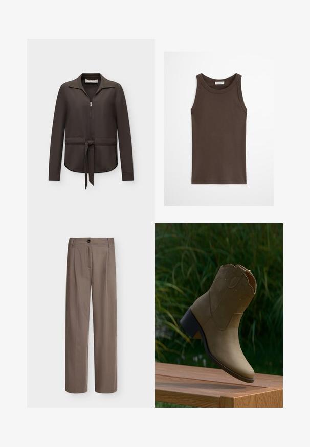 Blouse marron foncé à manches longues avec col, fermeture éclair devant et ceinture nouée à la taille, présentée sur fond blanc uni.; Débardeur marron foncé ajusté sans manches avec encolure ronde, présenté sur un fond clair uni.; Pantalon marron droit avec fermeture par bouton et zip, passants de ceinture et poches latérales sur fond uni.; Bottine en daim couleur fauve avec surpiqûres décoratives et petit talon carré, posée au bord d'une surface en bois en extérieur.