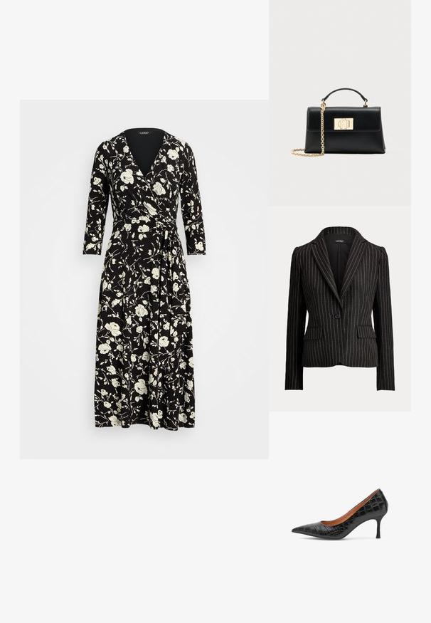 Sort skræddersyet blazer med lodrette hvide nålestriber, enkelt-knaps lukning, notchede revers, lange ærmer og klaplommer på begge sider.; Blomstret slå-om-kjole i sort stof med V-udskæring, lange ærmer og bindebånd i taljen. Mønstret med hvide roser og stilke over det hele.; Woden Pumps - black; Sort læderhåndtaske med struktureret form, udstyret med en øverste hank og en guldtonet kæderem. Dekorative guldhardware med logodetalje.