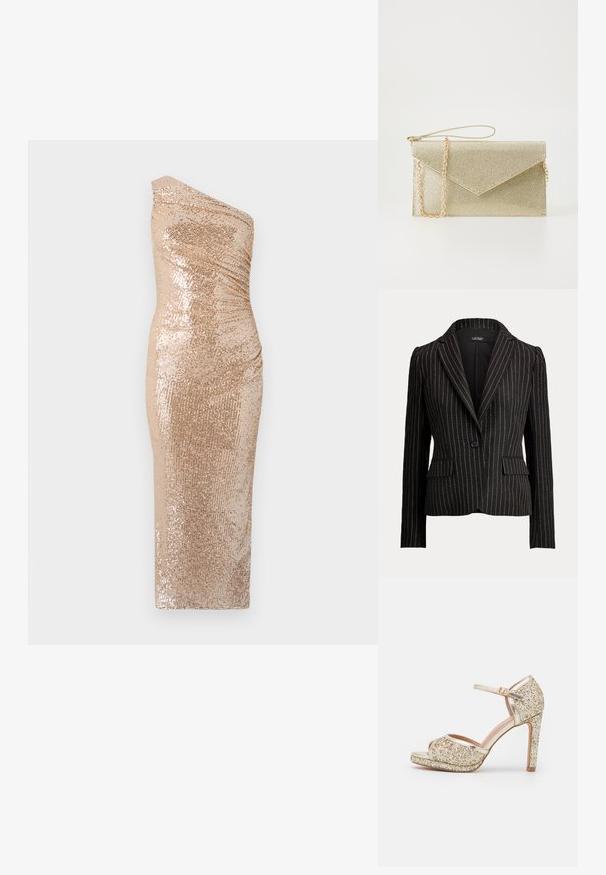 Μαύρο προσαρμοσμένο σακάκι με κάθετες λευκές λεπτές ρίγες, κούμπωμα με ένα κουμπί, γιακάδες με εγκοπή, μακριά μανίκια και τσέπες με καπάκι και στις δύο πλευρές.; Φόρεμα Bodycon με σχέδιο ενός ώμου, κατασκευασμένο από υφασμάτινο πούλιες σε χρυσό χρώμα. Διαθέτει στενή σιλουέτα και απαλή υφή.; Χρυσά γυαλιστερά ψηλοτάκουνα σανδάλια με ανοιχτή μύτη, λουράκι στον αστράγαλο και χοντρή πλατφόρμα. Ομαλές μεταλλικές λεπτομέρειες ενισχύουν το συνολικό σχέδιο.; Χρυσό τσαντάκι clutch με τριγωνική καπάκι, αλυσίδα και λεία επιφάνεια. Συμπαγές ορθογώνιο σχήμα με διακριτική γυαλάδα.