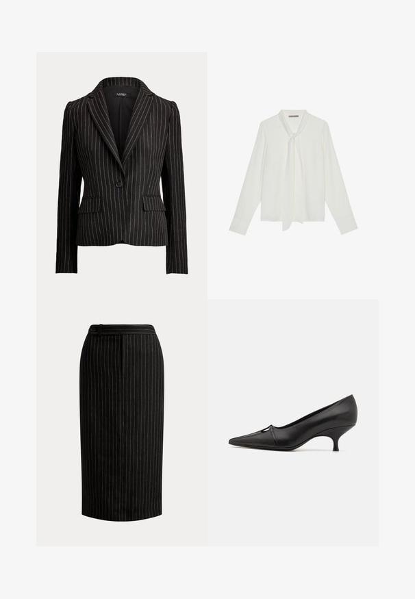 Schwarzer, maßgeschneiderter Blazer mit vertikalen weißen Nadelstreifen, Ein-Knopf-Verschluss, Revers mit Kerbe, langen Ärmeln und Pattentaschen auf beiden Seiten.; Weiße Bluse mit langen Ärmeln aus glattem Stoff, mit einer Schleife am Kragen und taillierten Manschetten. Schlichtes, klassisches Design ohne Muster.; Schwarzer knielanger Bleistiftrock mit dünnen weißen vertikalen Nadelstreifen und einem taillierten Bund mit Knopfleiste.; GIABORGHINI DANA - Pumps - black