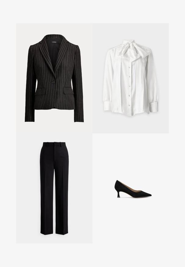 Blazer negro a medida con rayas verticales blancas, cierre de un botón, solapas con muesca, mangas largas y bolsillos con solapa en ambos lados.; Blusa blanca de manga larga con botones en la parte delantera y un gran lazo anudado en el cuello, con detalles plisados en la parte frontal.; Pantalones negros de talle alto y pernera ancha con trabillas para cinturón y pliegues delanteros, exhibidos sobre un fondo blanco.; Zapato de tacón de ante negro con puntera afilada, tacón cuadrado bajo y forro interior suave. Diseño simple sin patrones ni acentos visibles.