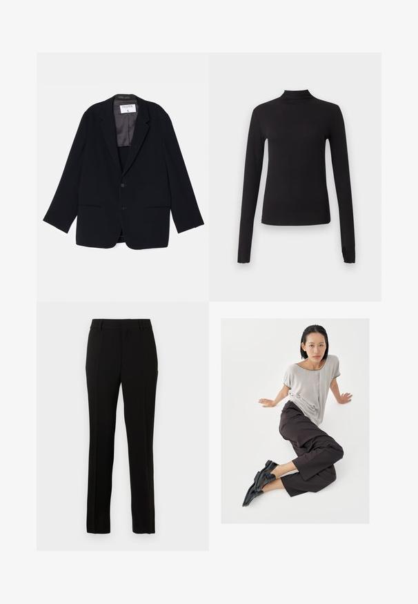 Zwarte blazer met een enkelvoudig ontwerp, twee voorkeurszakken en een zachte binnenvoering. Heeft een notch-split revers en een knoopsluiting.; Zwart aansluitend shirt met lange mouwen en nepkraag, weergegeven op een effen lichtgrijze achtergrond.; Zwarte op maat gemaakte pantalon van een gladde stof, met een rechte snit, plooien, riemlussen en een rits om te sluiten.; Lichtgrijze top met korte mouwen, donkere wijde broekspijpen en zwarte loafers. Soepele stof, ontspannen pasvorm en contrasterende bies op het shirt.