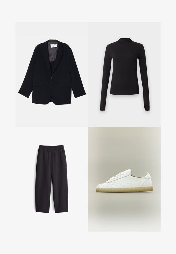 Schwarzer Blazer mit einreihigem Design, zwei vorderen Taschen und einem weichen Innenfutter. Verfügt über einen Reverskragen und einen Knopfverschluss.; Schwarzes langärmliges, eng anliegendes Oberteil mit Stehkragen, dargestellt auf schlichtem hellgrauem Hintergrund.; Schwarze, weit geschnittene Hosen aus glattem Stoff. Mit elastischem Bund und zwei Seitentaschen, versehen mit sichtbaren Nähdetails.; Weißer Leder-Sneaker mit niedrigem Schnitt, beiger Sohle, Schnürdesign und dezenten gesteppten Mustern auf neutralem Hintergrund.