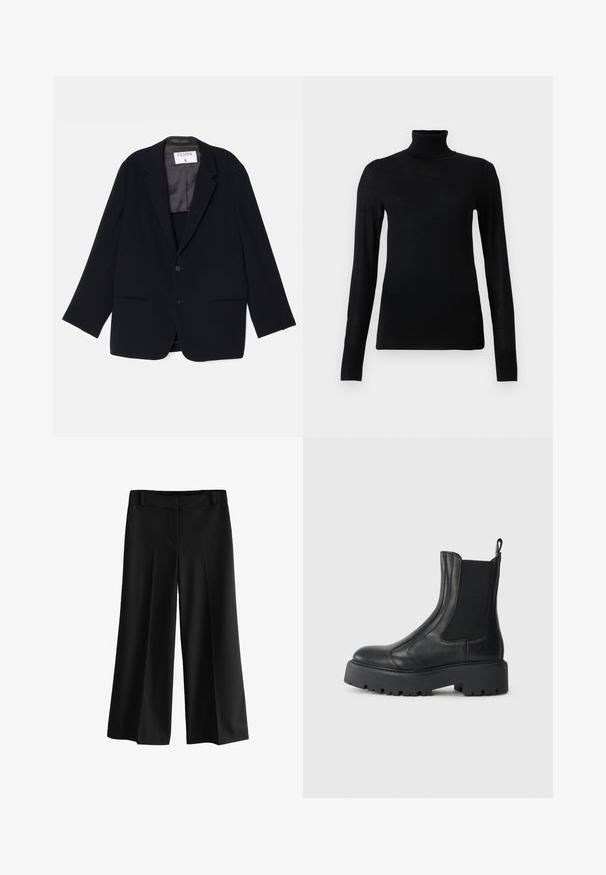 Schwarzer Blazer mit einreihigem Design, zwei vorderen Taschen und einem weichen Innenfutter. Verfügt über einen Reverskragen und einen Knopfverschluss.; Schwarzer Rollkragenpullover aus weichem, leichtem Material. Mit langen Ärmeln und einem taillierten Design mit hohem Kragen.; Schwarze weit geschnittene Hose aus glattem Stoff, mit hoher Taille, Falten und maßgeschneidertem Design. Keine sichtbaren Beschläge oder Muster.; Schwarze Lederknöchelstiefel mit elastischen seitlichen Einsätzen, einer abgerundeten Spitze und einer grob strukturierten Gummisohle. Mit einem Ziehschlaufen an der Rückseite.